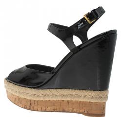 Pre Owned Gucci Black Patent Hollie Wedge Sandals Size 38