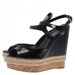 Pre Owned Gucci Black Patent Hollie Wedge Sandals Size 38