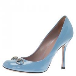 Pre Owned Gucci Blue Patent Jolene Horsebit Pumps Size 39.5