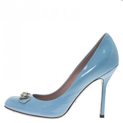 Pre Owned Gucci Blue Patent Jolene Horsebit Pumps Size 39.5