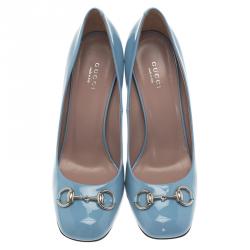 Pre Owned Gucci Blue Patent Jolene Horsebit Pumps Size 39.5