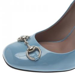 Pre Owned Gucci Blue Patent Jolene Horsebit Pumps Size 39.5