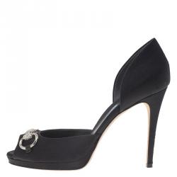 Pre Owned حذاء كعب عالي غوتشي دورساي ساتان أسود إكسسوار هورسبيت كريستال مقاس 39