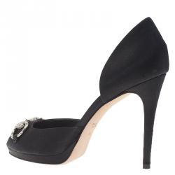 Pre Owned حذاء كعب عالي غوتشي دورساي ساتان أسود إكسسوار هورسبيت كريستال مقاس 39