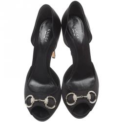 Pre Owned حذاء كعب عالي غوتشي دورساي ساتان أسود إكسسوار هورسبيت كريستال مقاس 39