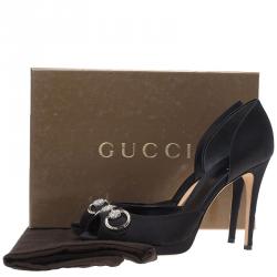 Pre Owned حذاء كعب عالي غوتشي دورساي ساتان أسود إكسسوار هورسبيت كريستال مقاس 39