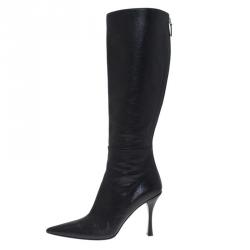 Pre Owned Gucci Black Leather Back Zipper Knee Boots Size 36.5
