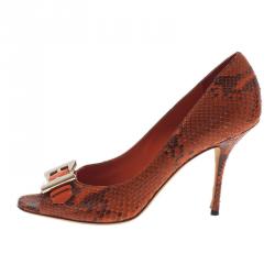 Pre Owned حذاء غوتشي جلد ثعبان برتقالي بفيونكة وأبزيم مقدمة مفتوحة مقاس 37