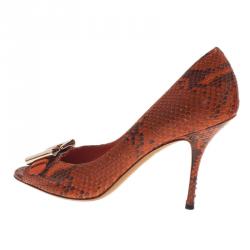 Pre Owned حذاء غوتشي جلد ثعبان برتقالي بفيونكة وأبزيم مقدمة مفتوحة مقاس 37