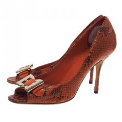 Pre Owned حذاء غوتشي جلد ثعبان برتقالي بفيونكة وأبزيم مقدمة مفتوحة مقاس 37