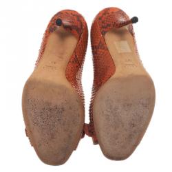 Pre Owned حذاء غوتشي جلد ثعبان برتقالي بفيونكة وأبزيم مقدمة مفتوحة مقاس 37