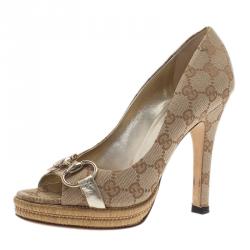 Pre Owned Gucci Guccissima Canvas Horsebit Peep Toe Platform Pumps Size 36.5