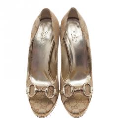 Pre Owned Gucci Guccissima Canvas Horsebit Peep Toe Platform Pumps Size 36.5