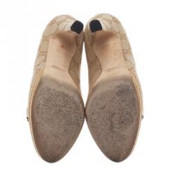 Pre Owned Gucci Guccissima Canvas Horsebit Peep Toe Platform Pumps Size 36.5