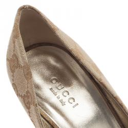 Pre Owned Gucci Guccissima Canvas Horsebit Peep Toe Platform Pumps Size 36.5