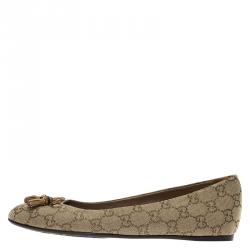 Gucci Beige Guccissima Canvas Bamboo Bow Tassel Ballet Flats Size 38.5