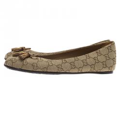 Gucci Beige Guccissima Canvas Bamboo Bow Tassel Ballet Flats Size 38.5