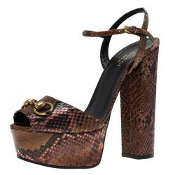Pre Owned Gucci Brown Python Claudie Horsebit Platform Sandals Size 37
