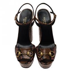 Pre Owned Gucci Brown Python Claudie Horsebit Platform Sandals Size 37