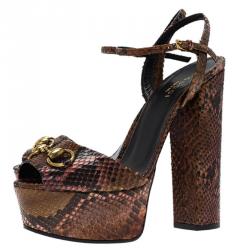 Pre Owned Gucci Brown Python Claudie Horsebit Platform Sandals Size 37