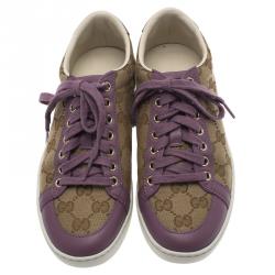Pre Owned Gucci Purple Leather and Guccissima Canvas Sneakers Size 35