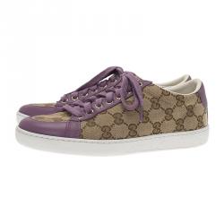 Pre Owned Gucci Purple Leather and Guccissima Canvas Sneakers Size 35