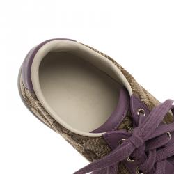 Pre Owned Gucci Purple Leather and Guccissima Canvas Sneakers Size 35