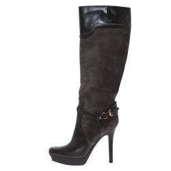 Pre Owned Gucci Grey Suede and Leather Platform Knee Boots Size 40