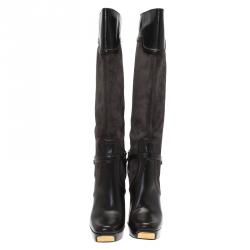 Pre Owned Gucci Grey Suede and Leather Platform Knee Boots Size 40