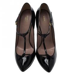 Pre Owned Gucci Black Patent Beverly T Strap Pumps Size 40