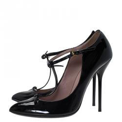 Pre Owned Gucci Black Patent Beverly T Strap Pumps Size 40