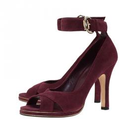 Pre Owned Gucci Burgundy Suede Criss Cross Ankle Strap Pumps Size 37