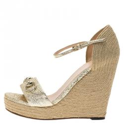 Pre Owned Gucci Gold Crackled Leather Carolina Horsebit Espadrille Wedge Sandals Size 36.5