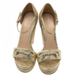 Pre Owned Gucci Gold Crackled Leather Carolina Horsebit Espadrille Wedge Sandals Size 36.5