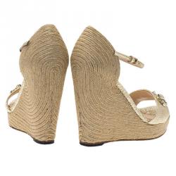 Pre Owned Gucci Gold Crackled Leather Carolina Horsebit Espadrille Wedge Sandals Size 36.5