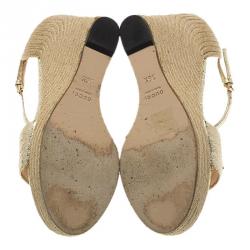 Pre Owned Gucci Gold Crackled Leather Carolina Horsebit Espadrille Wedge Sandals Size 36.5