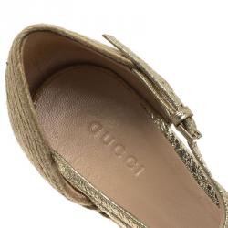 Pre Owned Gucci Gold Crackled Leather Carolina Horsebit Espadrille Wedge Sandals Size 36.5