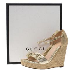 Pre Owned Gucci Gold Crackled Leather Carolina Horsebit Espadrille Wedge Sandals Size 36.5
