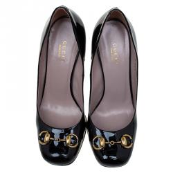 Pre Owned Gucci Black Patent Jolene Horsebit Pumps Size 36.5