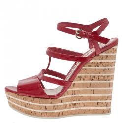 مملوكة مسبقًا Gucci Red Patent Leather and Cork Platform Wedge Sandals Size 37