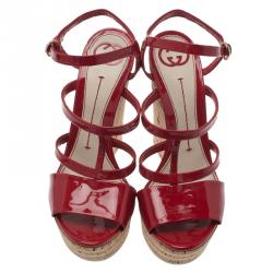 مملوكة مسبقًا Gucci Red Patent Leather and Cork Platform Wedge Sandals Size 37