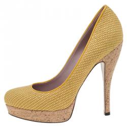Pre Owned Gucci Yellow Woven Raffia Lisbeth Platform Pumps Size 36
