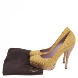Pre Owned Gucci Yellow Woven Raffia Lisbeth Platform Pumps Size 36
