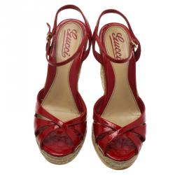 Pre Owned حذاء روكي غوتشي بينولوبي ميكروغوتشيسيما جلد لامع احمر مقاس 37.5