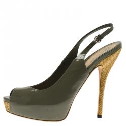 مملوكة مسبقًا Gucci Green Patent Sofia Peep Toe Raffia Slingback Sandals Size 38.5