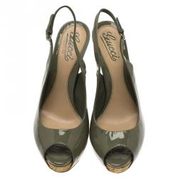 مملوكة مسبقًا Gucci Green Patent Sofia Peep Toe Raffia Slingback Sandals Size 38.5