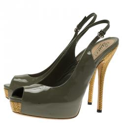 مملوكة مسبقًا Gucci Green Patent Sofia Peep Toe Raffia Slingback Sandals Size 38.5