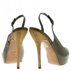 مملوكة مسبقًا Gucci Green Patent Sofia Peep Toe Raffia Slingback Sandals Size 38.5