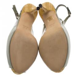 مملوكة مسبقًا Gucci Green Patent Sofia Peep Toe Raffia Slingback Sandals Size 38.5