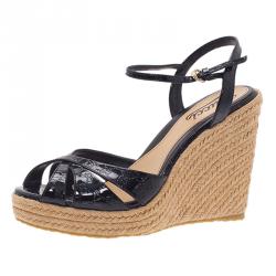 Pre Owned Gucci Black Microguccissima Patent Leather Espadrille Wedges Size 37.5